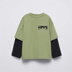 ZARA LAYERED SLEEVE LOGO FLOCKED T-SHIRT